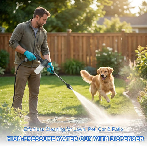 Person using Heavy Duty Pressure Washer Gun With Three Spray Modes in yard with dog, detachable soap dispenser visible