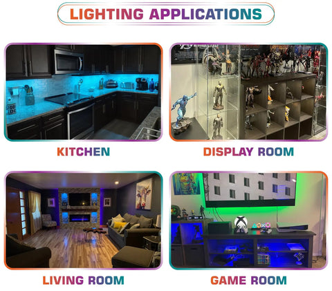 RGBWW Under Cabinet Puck Light Kit with Daisy Chain Link shown in kitchen, display, living, and game room applications.