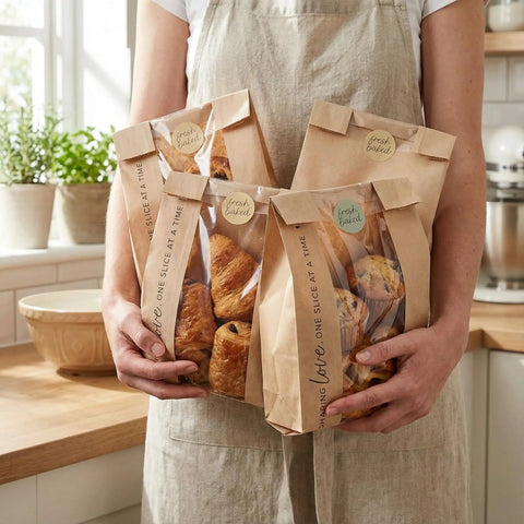 Person holding Clear Window Bread Bags For Homemade Bread Keep Sourdough Fresh For Days And Make Gifting Your Bakes A Breeze Eco Friendly Kraft Paper Packaging For Bakery Goods.
