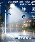 30000W Solar Street Lights Outdoor in rainy weather, illuminating a street with wide coverage and solar panel.