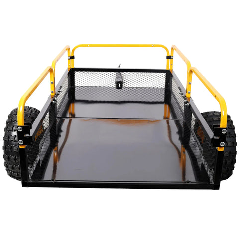Tow Behind Dump Cart With 1000 Lb Load Capacity And Built-Tough Solid Steel Bed For ATV UTV Lawn Mower Tractor Yard And Farm Hauling Debris Cleanup Materials Transport, front view