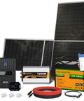 Plug And Play 390W Solar Panel Kit With 100Ah Lithium Battery 1000W Inverter 40A MPPT Charger components, including panels, battery, and charger.