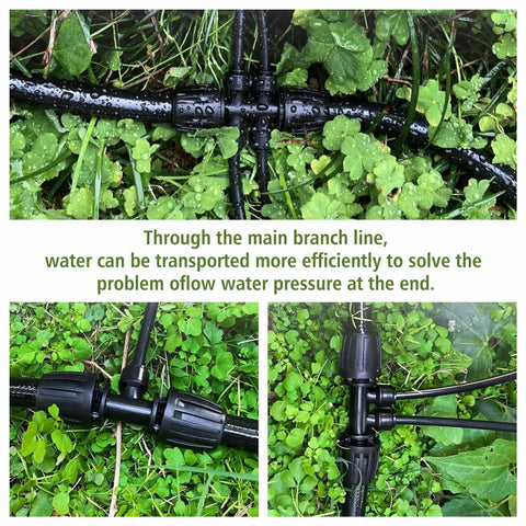 Close-up of 12 Pack 1/2 Inch To 1/4 Inch Drip Irrigation Fittings Kit Push To Fit 3 Way 4 Way 6 Way Connectors on garden tubing.