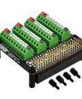 Raspberry Pi GPIO Status LED and Terminal Block Breakout Board HAT for A Plus 3A Plus B Plus 2B 3B 3B Plus and 4B with 5V and 3.3V Indicators and Plug and Play GPIO High Low LEDs, black PCB with green terminal blocks