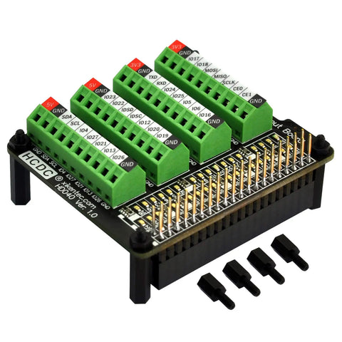 Raspberry Pi GPIO Status LED and Terminal Block Breakout Board HAT for A Plus 3A Plus B Plus 2B 3B 3B Plus and 4B with 5V and 3.3V Indicators and Plug and Play GPIO High Low LEDs, black PCB with green terminal blocks