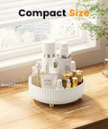 Keep Your Counter Totally On Point With This Compact White 360 Rotating Lazy Susan Makeup Trunk Smart Bathroom Storage Rack For Perfumes And Favorites That Always Stays Within Reach, displaying compact size with various cosmetics.