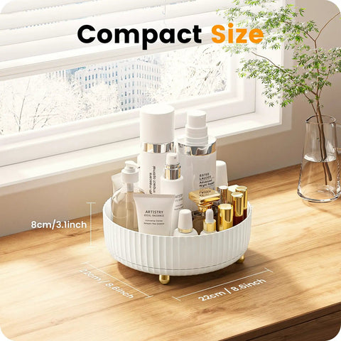 Keep Your Counter Totally On Point With This Compact White 360 Rotating Lazy Susan Makeup Trunk Smart Bathroom Storage Rack For Perfumes And Favorites That Always Stays Within Reach, displaying compact size with various cosmetics.