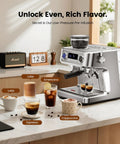 Premium Dual Boiler Espresso Machine With Integrated Grinder And 20 Bar Pressure Smooth Operator Milk Frother Plus Spacious Water Tank Brushed Stainless Steel Home Coffee Maker with coffee drinks on countertop.