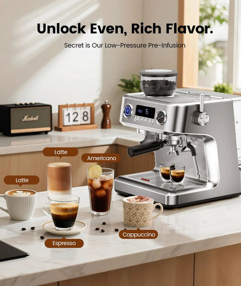 Premium Dual Boiler Espresso Machine With Integrated Grinder And 20 Bar Pressure Smooth Operator Milk Frother Plus Spacious Water Tank Brushed Stainless Steel Home Coffee Maker with coffee drinks on countertop.