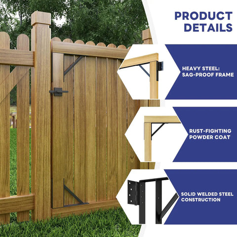 Heavy Duty Gate Bracket Kit For Wood Fences, Anti Sag Gate Building Set With Right Latch, Rust Proof Black Steel Corner Braces For 2x4 Lumber, All In One Hardware For Garden Shed And Driveway Gates
