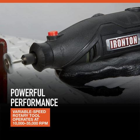 Close-up of Pro Grade 107 Piece Rotary Multitool Kit With 35000 RPM Variable Speed Dial, showcasing variable-speed operation.