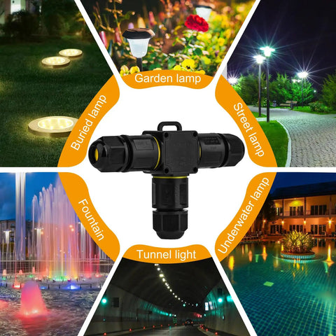 IP68 Waterproof Outdoor Junction Box T Shape 3 Way 3 Pin Connector for Extending Power Cables M20 Cable Gland with lighting applications
