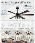 65 Inch Large Ceiling Fan with six blades, black finish, multiple room setup options, diagram showing dimensions and features.