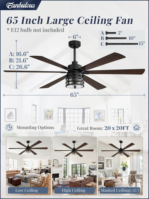 65 Inch Large Ceiling Fan with six blades, black finish, multiple room setup options, diagram showing dimensions and features.