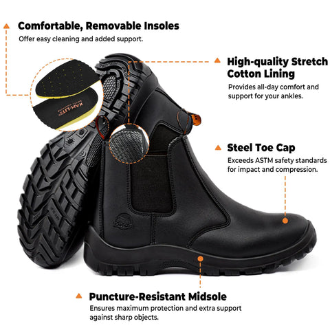 Men's Slip On Steel Toe Chelsea Work Boots, Waterproof And Slip Resistant, Lightweight Safety Shoes With Breathable Lining