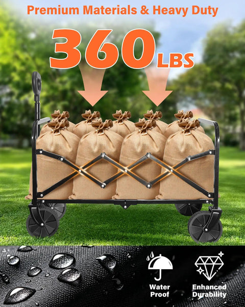 Foldable Wagon With Wheels For Beach And Camp, Collapsible Wagon Cart With Two Cup Holders, Lightweight Portable Black