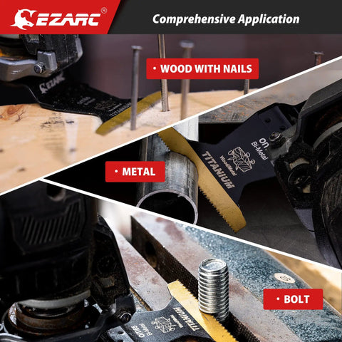 Hella Durable Titanium Coated Oscillating Saw Blades Three Pack for slicing wood, metal, and bolts, showing tips for versatile use.