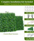 28 Pack Artificial Grass Wall Panels 10x10 Inch Faux Boxwood Privacy Screen UV Resistant with installation kit and accessories.