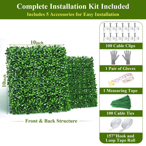 28 Pack Artificial Grass Wall Panels 10x10 Inch Faux Boxwood Privacy Screen UV Resistant with installation kit and accessories.