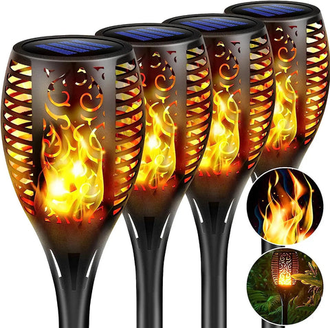 Four Pack Outdoor Solar Torch Lights With Lit Flickering Flame 33 LED Waterproof Tiki Torches for garden and pathway