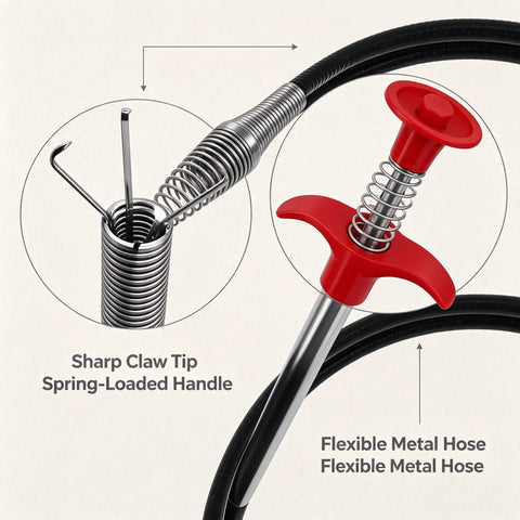 Heavy Duty Flexible Drain Clog Buster With 63 Inch Spring Steel Plumbing Snake showing sharp claw tip and red spring-loaded handle
