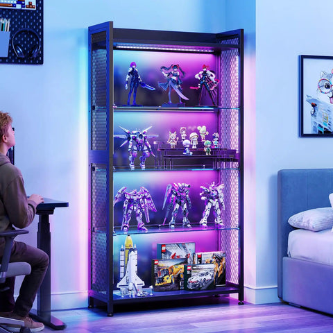 Four Tier Tempered Glass Display Cabinet With RGB Led Lighting And Music Sync For Flexing Sneakers Figurines And Dope Collectibles In Any Game Night Vibes Setup, showcasing figurines with colorful lighting.