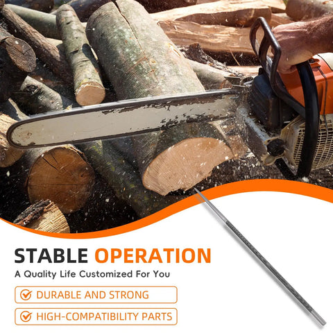 Chainsaw cutting log with text highlighting stable operation, featuring chainsaw chain sharpening files for .325 pitch chains.