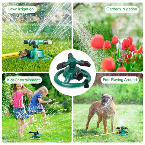 Rotating Yard Sprinkler For Lawn And Garden, Awesome Wide Coverage Water Sprinkler With Dual Modes, in use watering garden, kids and pets.