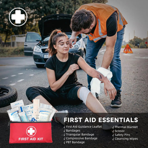 Person using first aid kit by car. All In One Car Emergency Safety Kit With Portable Air Compressor Jump Cables First Aid Kit Tire Pressure Gauge Flashlight And More Roadside Gear For Women Men Teens Travel Ready