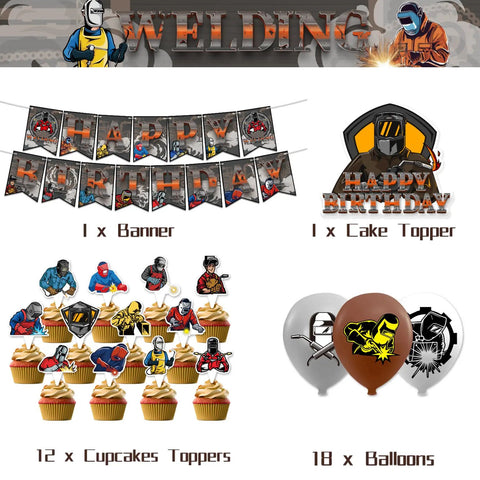 Welding Theme Birthday Party Decor Kit With Happy Birthday Banner Cake Topper Cupcake Toppers Balloons And Ribbon For Electric Welder