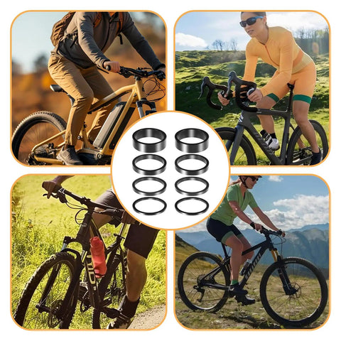 Collage of cyclists on mountain and road bikes with Eight Piece Aluminum Bicycle Headset And Stem Spacers Set For One And One Eighth Inch Stems