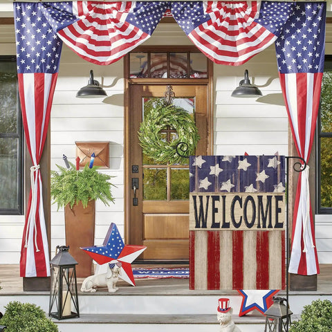 Front porch decorated with Patriotic 4th Of July Garden Flag 12x18 Double Sided Outdoor Welcome Yard Decor Stars And Stripes Memorial Day