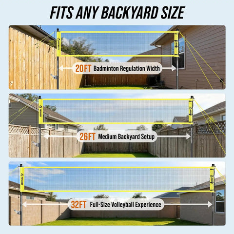 Backyard 2 In 1 Volleyball And Badminton Net Set With Adjustable Height From 5.1 To 8 Feet And Width From 20 To 32 Feet shown installed