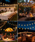 Collage of 100Ft Solar String Lights Outdoor Waterproof With Remote And Timer, LED Shatterproof ST38 Bulbs, lighting different settings