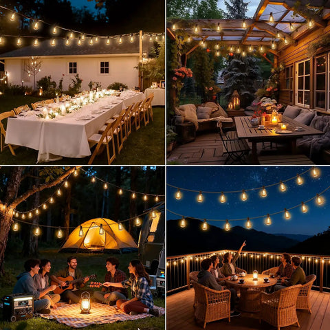 Collage of 100Ft Solar String Lights Outdoor Waterproof With Remote And Timer, LED Shatterproof ST38 Bulbs, lighting different settings