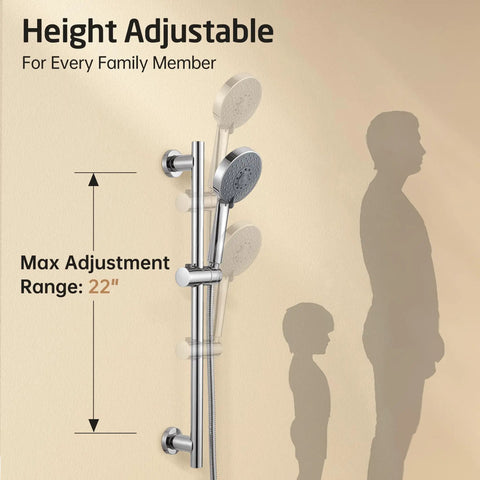 Adjustable Shower Head With Slide Bar And Extra Long Hose Set 5 Function Handheld Shower Head For Spa Like Showers Full Coverage Wall Mount 18 8 Stainless Steel Rust Proof Polished Finish, height adjustment range 22 inches