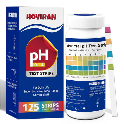Package and container of pH Test Strips 0-14 Kit for Water, Soap Making and Kombucha, 125 Count Litmus Paper for Liquids.