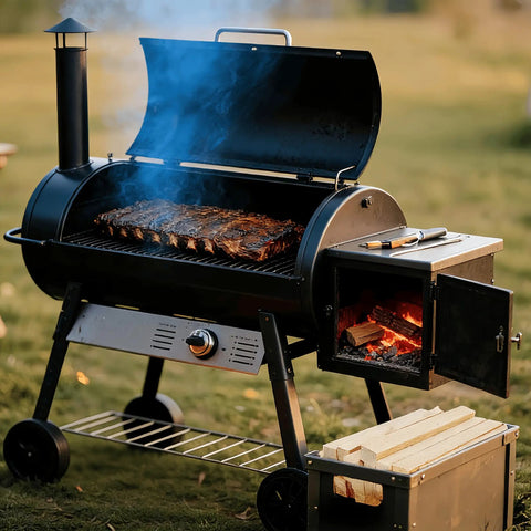 Outdoor smoker grill with ribs cooking, firewood logs for Portable Pizza Oven Firewood Logs for Outdoor Cooking nearby