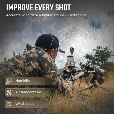 Person using Handheld Wind Meter With Bluetooth App Connectivity For Precision Shooting And Air Flow Measurement outdoors.