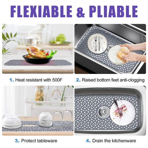 Non Slip Silicone Sink Protector Mat For Kitchen, Heat Resistant Grid Design With Center Drain, Keeps Glassware Safe, Flexible And Easy To Clean, 24.8x13 Inches, Gray in various kitchen uses