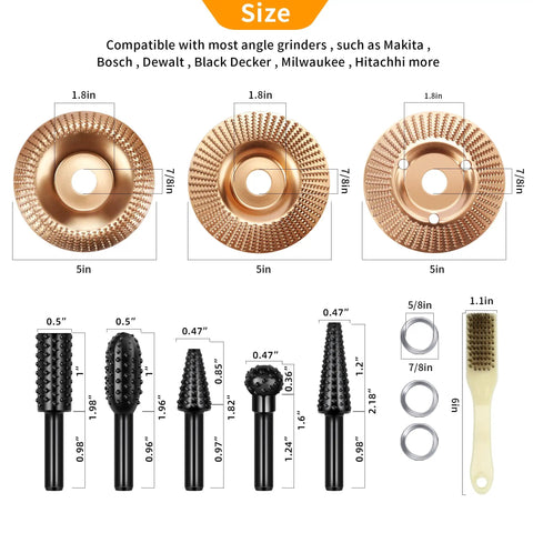 9 Piece Heavy Duty Wood Carving Disc Set For Four Inch To Four And A Half Inch Angle Grinders With Five Eighth Inch Arbor shown