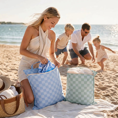 Family enjoying beach with Two Pack Large Wet Dry Bags For Swimwear And Laundry, Waterproof travel organizer in checkered design.