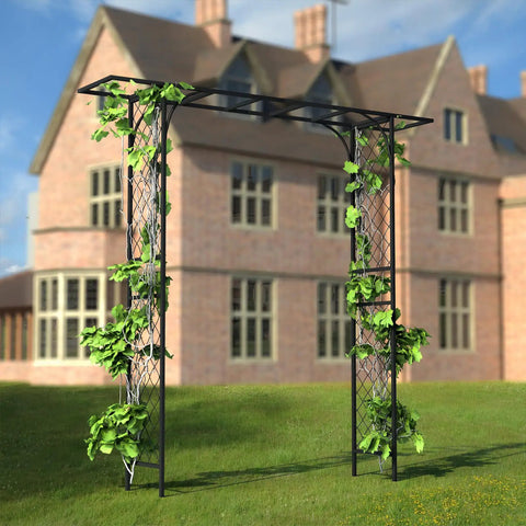 Metal Garden Arbor For Climbing Plants And Pergola Decor Built Tough Carbon Steel Frame with plants on lawn in front of house