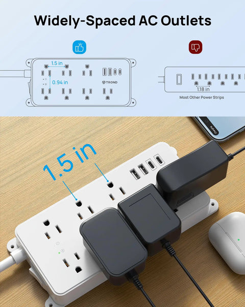Game Changer Surge Protector Power Strip with 7 widely spaced outlets and 10ft flat plug extension on a table