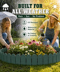 Two women installing Green Garden Border Edging Kit For DIY Yards 8 Piece Flexible Polypropylene Lawn Fence Panels in garden bed.