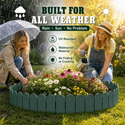Two women installing Green Garden Border Edging Kit For DIY Yards 8 Piece Flexible Polypropylene Lawn Fence Panels in garden bed.