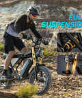 High Power 1500W Fat Tire Electric Bike For Adults With Removable 48V 20Ah Battery shown on rocky terrain with full suspension