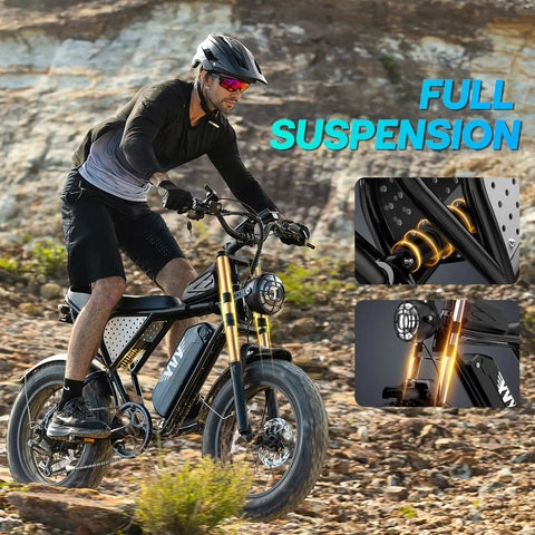 High Power 1500W Fat Tire Electric Bike For Adults With Removable 48V 20Ah Battery shown on rocky terrain with full suspension