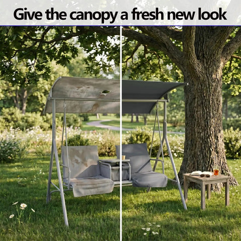 Split image showing a faded canopy on the left and a new Navy Blue Canopy Replacement Fabric For Outdoor Patio Swing 78x44 Inches on the right.
