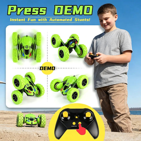 Boy playing with 4WD Remote Control Car with 360 Degree Flips, Dual Sided Driving, Durable Stunt RC Vehicle with Breathing Soft Lights